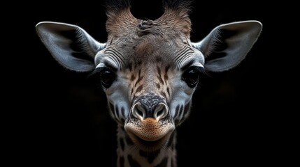 Canvas Print - A close-up portrait of a giraffe with its head and neck in focus, looking directly at the camera against a black background.