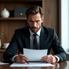 Client in a black suit scrutinizing the contract terms and looking thoughtful real estate 