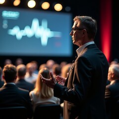 Presenter presenting on stage at conference meeting professional lecture blurred de-focused unidentifiable presenter and audience corporate executive manager speaker people attendees real estate 