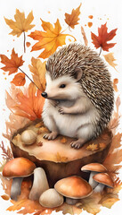 A hedgehog sits among mushrooms in an autumn forest with fallen leaves.