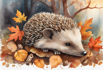 A hedgehog sits among mushrooms in an autumn forest with fallen leaves.