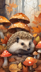 Wall Mural - A hedgehog sits among mushrooms in an autumn forest with fallen leaves.