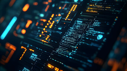 A detailed shot of a computer screen showing data, finance chart and graphs. Digital Code
