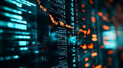 Data Flow. A detailed shot of a computer screen showing data, finance chart and graph.