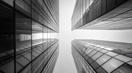 A low-angle view of modern glass skyscrapers against a cloudy sky.