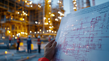 Close up photo of construction plan held by worker at construction site, showcasing detailed blueprints and bustling background of workers and machinery