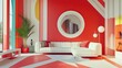 © Holo Frame - Spacious room featuring a large white sofa and bold red walls complemented by a geometric interior design