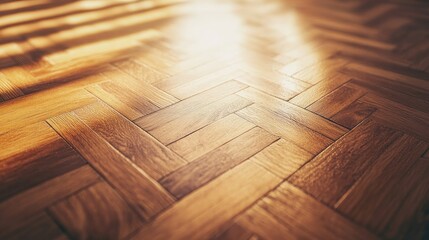 Shiny polished wooden parquet floor captured from a low angle Background image of wooden laminate floorboards for home decor inspiration