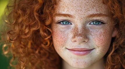 Smiling girl with curly ginger hair and freckles She appears cute and innocent yet shows a playful nature Banner includes ample blank space for text on one side