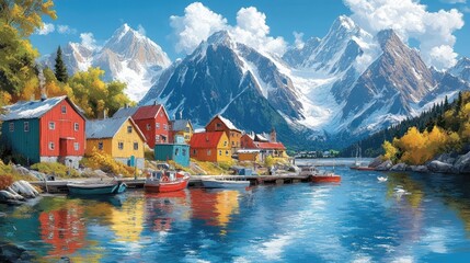 Wall Mural - Colorful houses on a lake with snow capped mountains in the background.