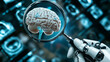 © Aysel - A robotic doctor's hand holds a magnifying glass, examining a 3D image of a woman's brain.  This advanced technology helps diagnose medical issues using artificial intelligence.