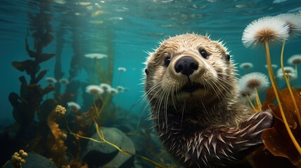 An adorable close-up of a sea otter with its fur glistening, holding a sea urchin in its paws, set against a backdrop of an underwater kelp forest with swaying sea plants.