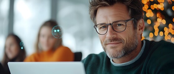 Wall Mural - a professional businessman or it specialist working on a laptop computer with holographic intelligen