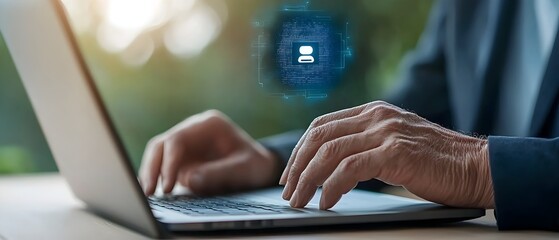 Wall Mural - businessman using laptop with futuristic chatbot holograms and intelligence icons in a digital autom