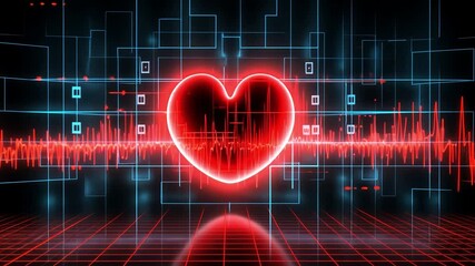 Aufkleber - Digital Heartbeat: A glowing red heart pulses with vibrant energy, set against a backdrop of futuristic, interconnected lines and data streams.  The image evokes feelings of love, technology.