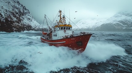 Wall Mural - Fishing Boat Battling Rough Seas in Stormy Weather