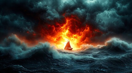 Wall Mural - Dramatic Battle Against Rough Seas in Fiery Skies