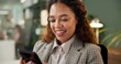 © peopleimages.com - Phone, scroll and woman in office with smile, connection and reading online post at desk for networking. Search, smartphone and businesswoman typing on mobile app for communication at digital agency