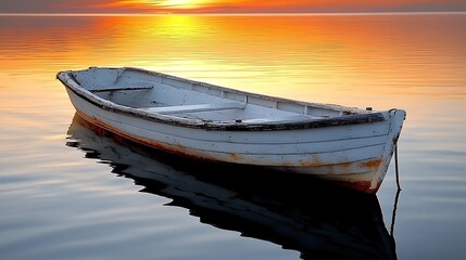Wall Mural - Rustic Rowboat Floating on a Still Lake at Sunset