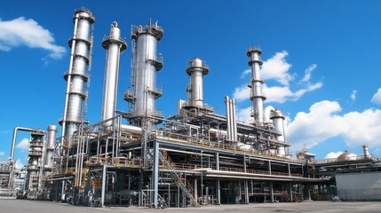 Wall Mural - Industrial facility with tall pipes and structures under a clear blue sky.