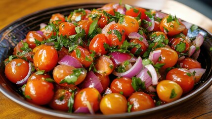 Vibrant vegetable salad featuring juicy cherry tomatoes and diced red onion