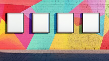 vibrant urban setting featuring a colorful geometric wall and four wrinkled white poster templates f
