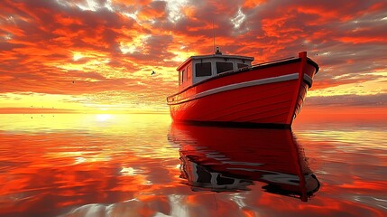 Wall Mural - Vibrant Boat Surrounded by Seagulls at Sunset