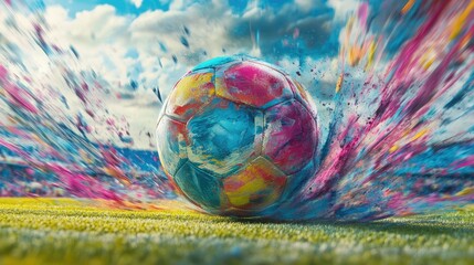 A colorful soccer ball rolling across the pitch during a fast-paced game.