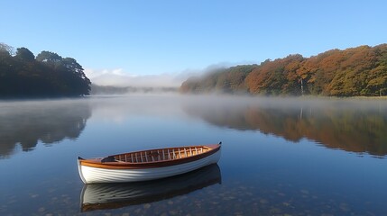 Wall Mural - Serene Rowboat on a Misty Lake at Dawn