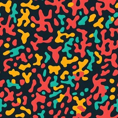 Abstract colorful pattern with red, yellow, and teal shapes on a black background.