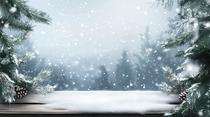 Wall Mural - christmas and new year background with fir branches and snowfall on wooden white board