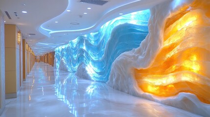 Wall Mural - Modern hallway with blue and yellow textured wall.