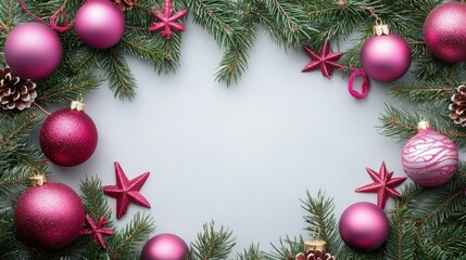 Poster - Christmas composition. Frame made of fir tree branches, decorations on pastel gray background. Christmas, winter, new year concept. Flat lay, top view, copy space