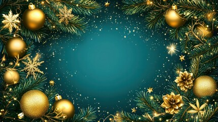 Wall Mural - christmas frame with golden decorations, baubles, garland, confetti on blue background. christmas ho