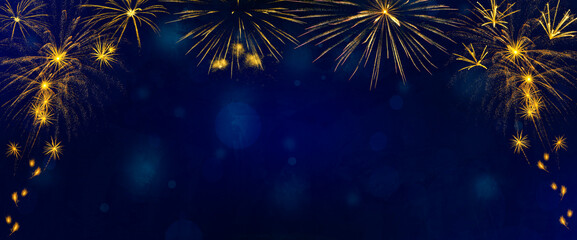 Wall Mural - Golden fireworks burst on blue texture background with copy space