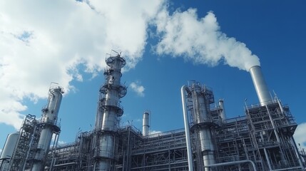 Wall Mural - Industrial facility with smokestacks releasing steam against a blue sky.