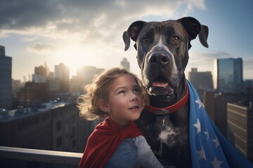 Superhero kid girl with big dog on the roof of the house