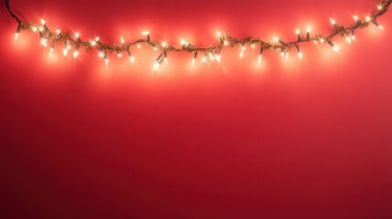 horizontal image of glowing christmas garland decoration framing a red neutral background, mockup space