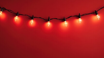 Wall Mural - horizontal image of glowing christmas garland decoration framing a red neutral background, mockup sp