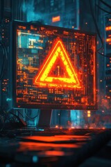 Wall Mural - futuristic computer screen with glowing red warning symbol in a high-tech cyber environment