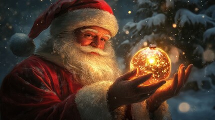 Wall Mural - santa claus holding a luminous christmas ornament