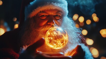 Wall Mural - santa claus holding a luminous christmas ornament