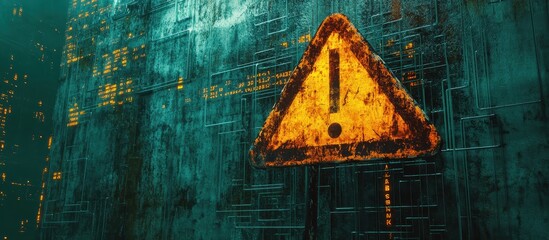 Wall Mural - ** futuristic digital warning sign on a high-tech circuit board background with glowing orange alert