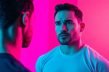 Wall Mural - intense moment captured between two men in vibrant pink and blue lights, showcasing emotion and conn