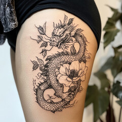 Wall Mural - Tattoo design, a dragon with flowers.