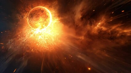 Poster - Cosmic Inferno: A mesmerizing celestial spectacle unfolds as a fiery ring engulfs a distant planet, radiating intense heat and light.