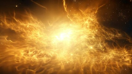 Poster - Cosmic Inferno: A breathtaking nebula bursts with fiery energy, its golden hues illuminating the vast expanse of space. A celestial spectacle of incandescent light and swirling gas clouds. 