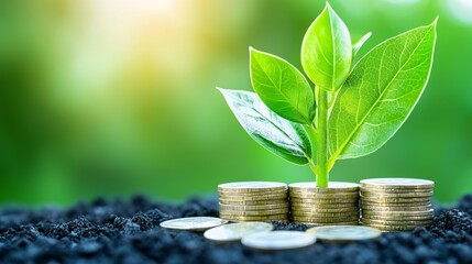 A young plant grows from a pile of coins, symbolizing the relationship between finance and sustainability.