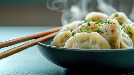 Steaming dumplings garnished with chives on a plate with chopsticks, AI