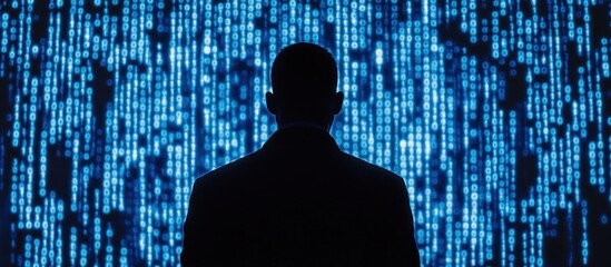 Silhouette of a Man in Front of Binary Code